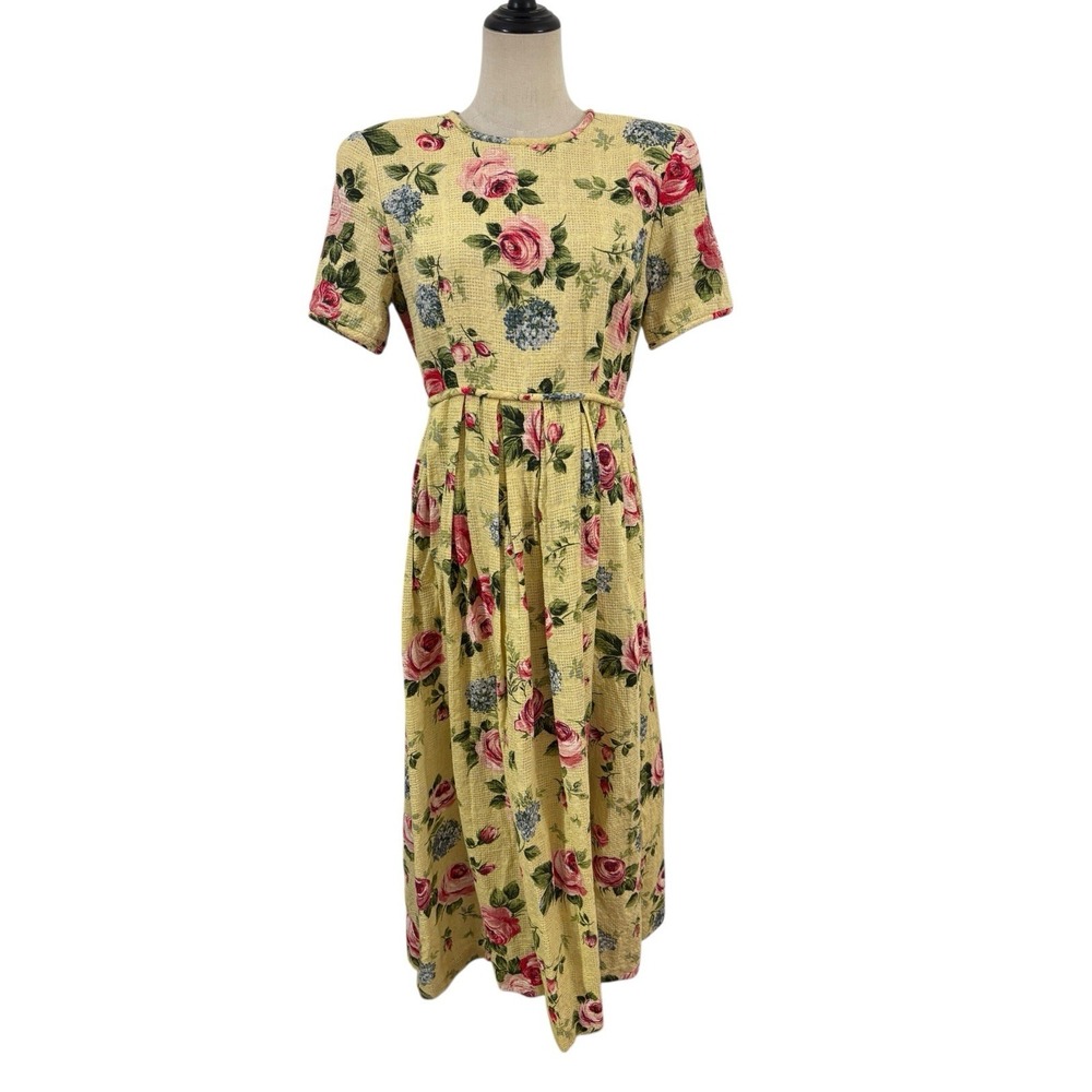 VTG 80's‎ Misty Lane Yellow Floral Rose Woven Long Modest Maxi Dress 12 Feminine